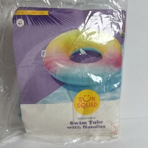 Inflatable Swim Tube Colorful 33" Round‎ Rainbow Float with Handles